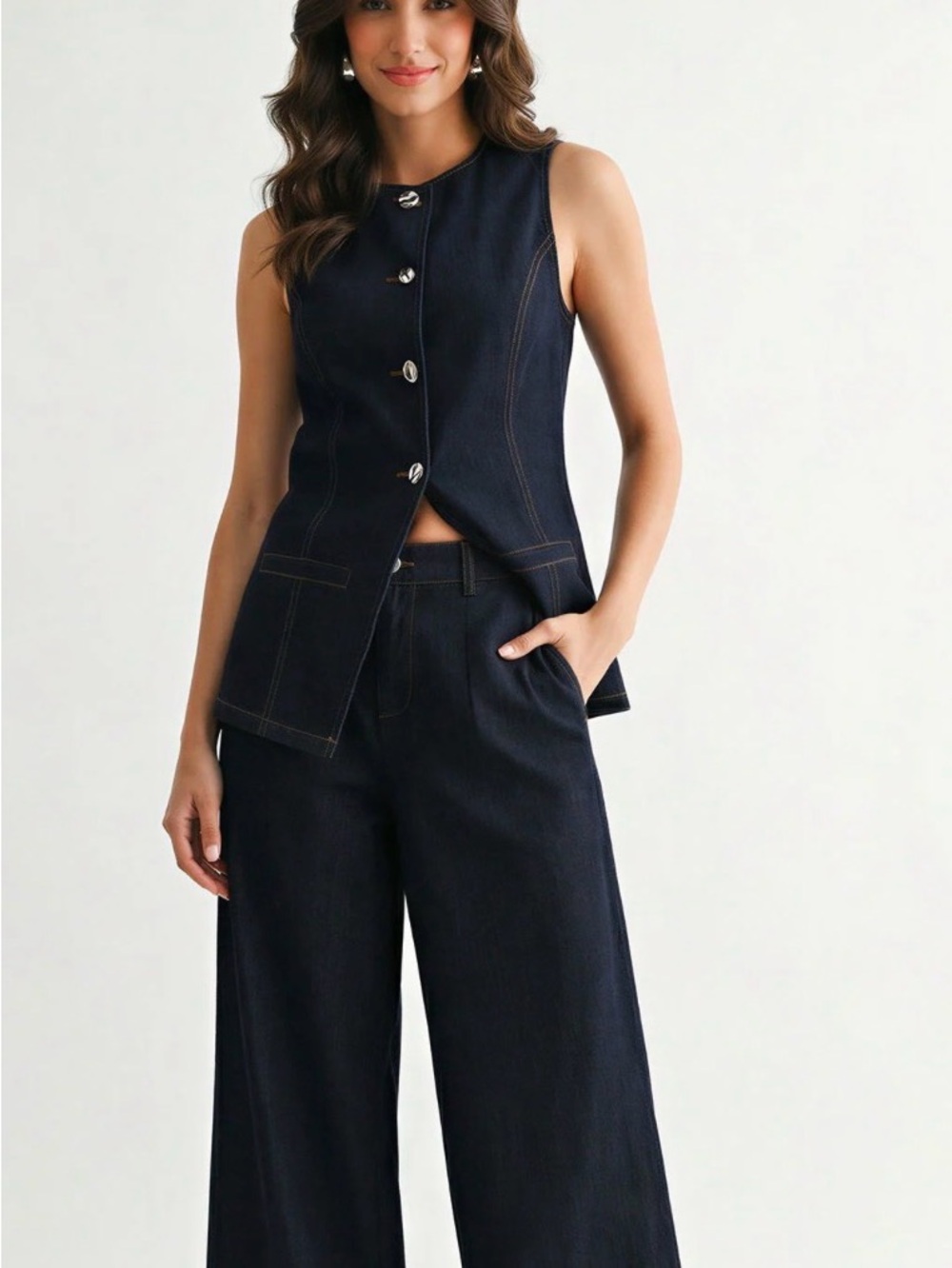 New York & Company Dark Blue Hour Glass Sleeveless Denim Vest and Wide-Leg Pants